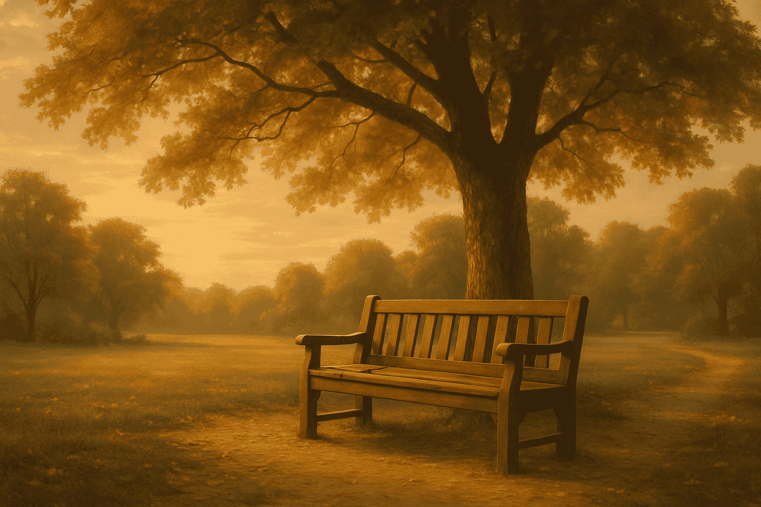 Platzhalter: ruhige Bank unter Bäumen mit sanftem Himmel