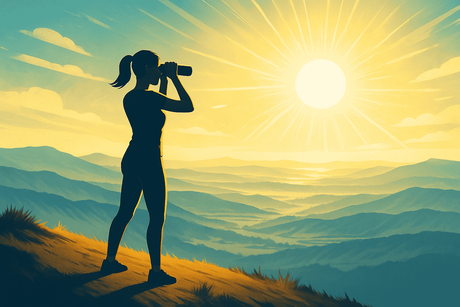 Platzhalter: Person mit Fernglas blickt in weite Landschaft