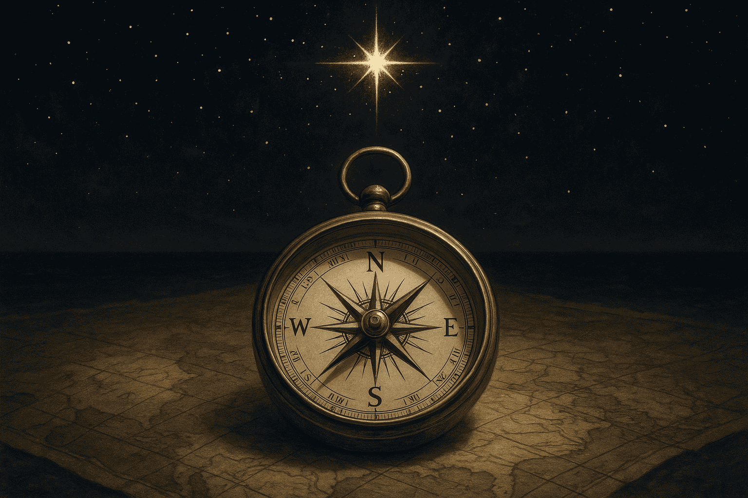 Platzhalter: Kompass im Vordergrund, ein heller Stern am Himmel