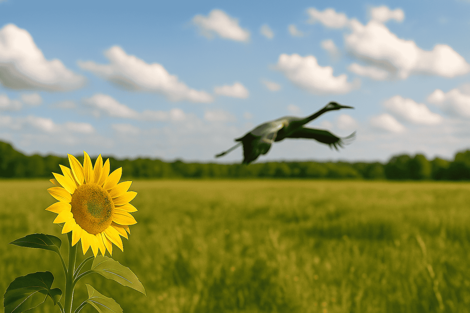 Platzhalter: Kranich neben leuchtender Sonnenblume vor hellem Himmel