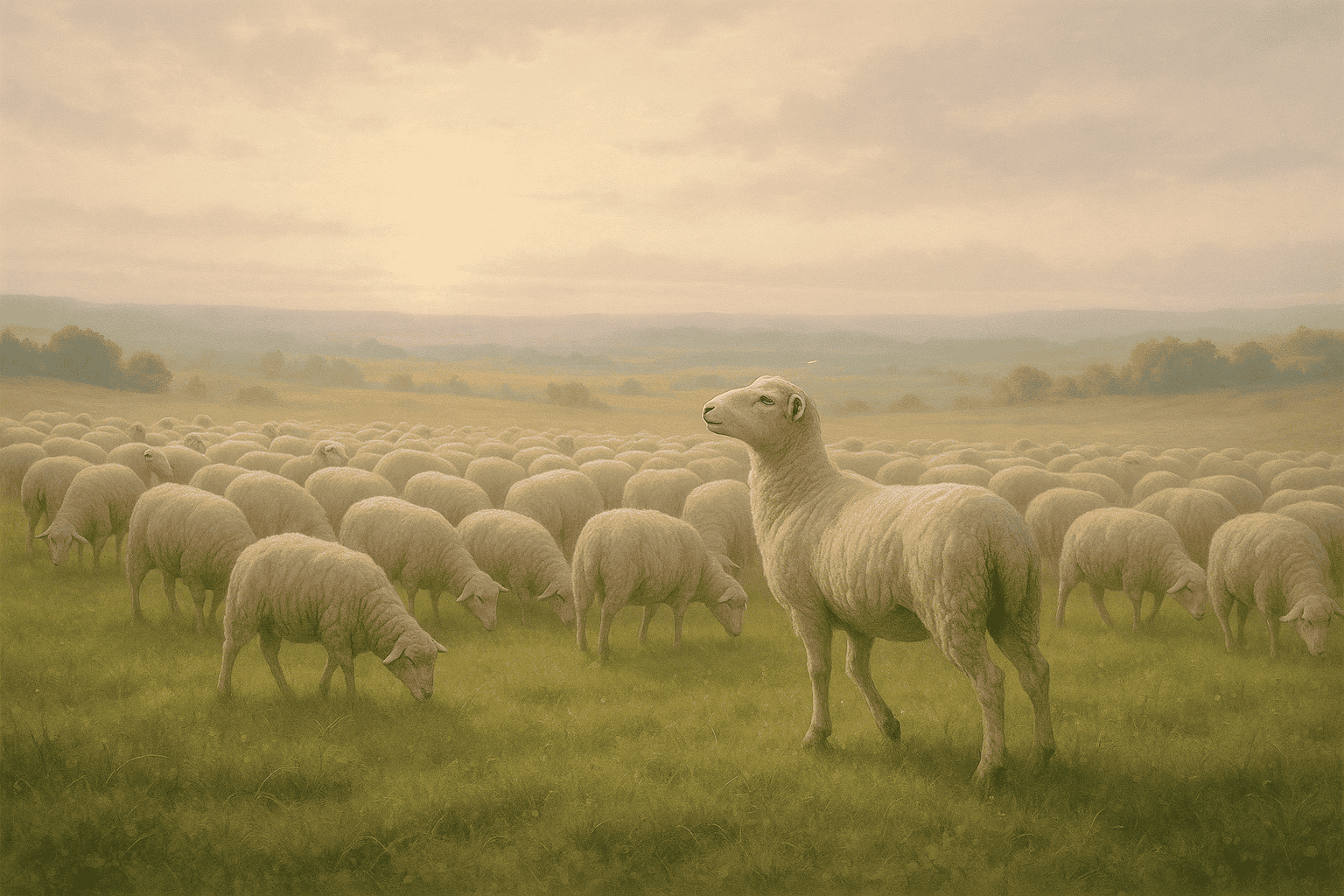 Platzhalter: Schafherde; ein Schaf tritt aus der Reihe Richtung Licht