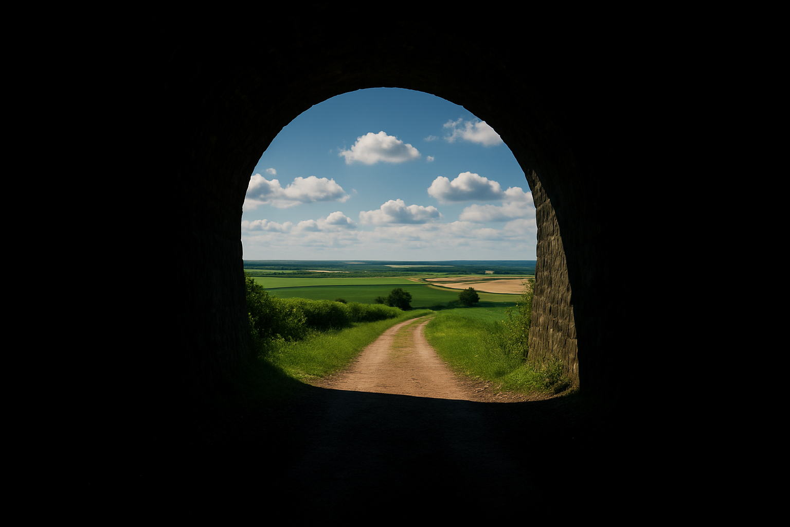 Platzhalter: Blick durch Tunnelöffnung in helle weite Landschaft